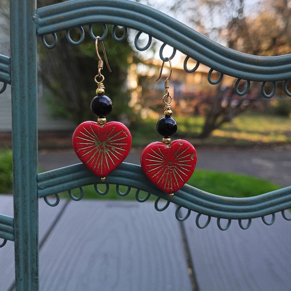 Red Heart Earrings with Onyx Beads